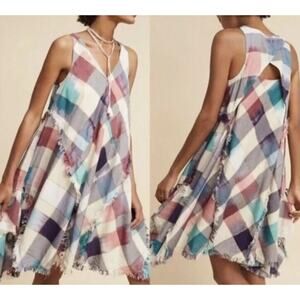 Maeve Dress Womens XS Multicolor Plaid Metallic Fringe A Line Swing Boho Summer